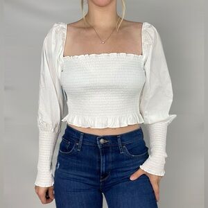 HILL HOUSE NWT The Grace Nap Top White Square Neck Smocked Juliet Sleeves